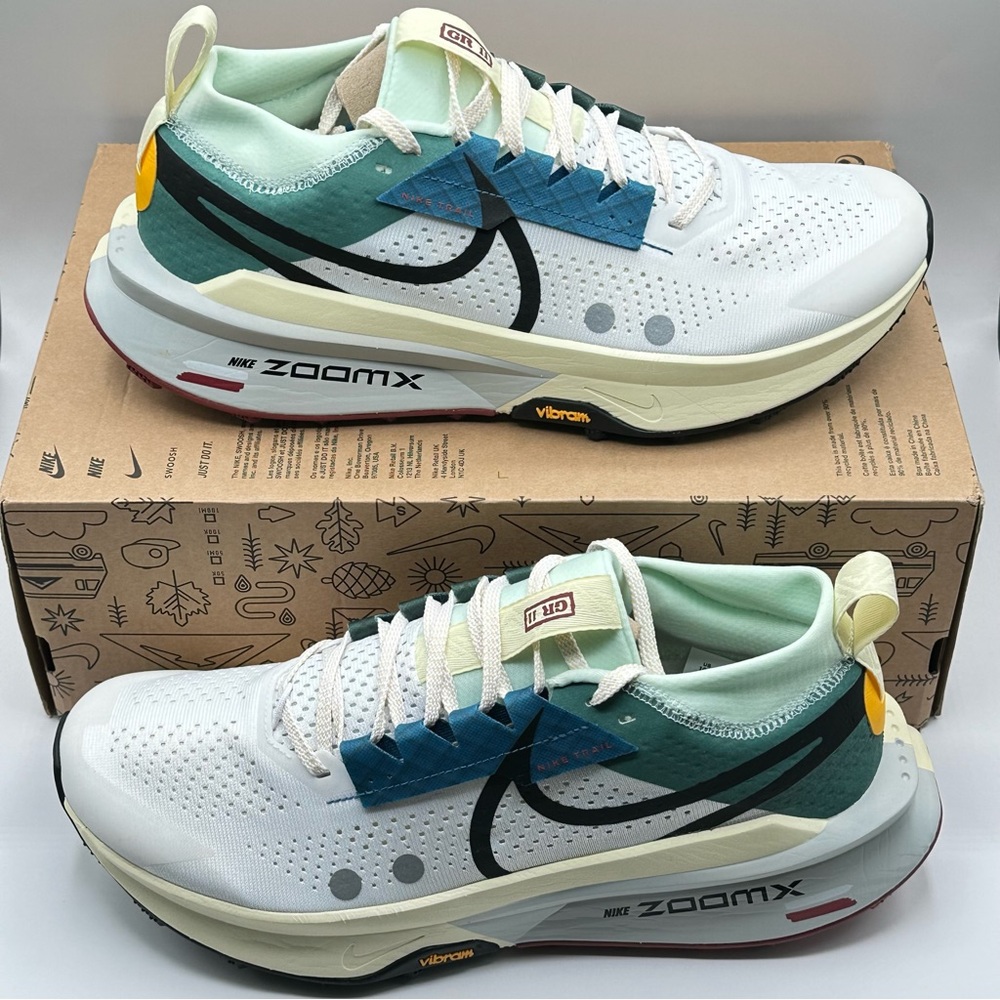 Nike ZoomX White with Blue and Green Accents